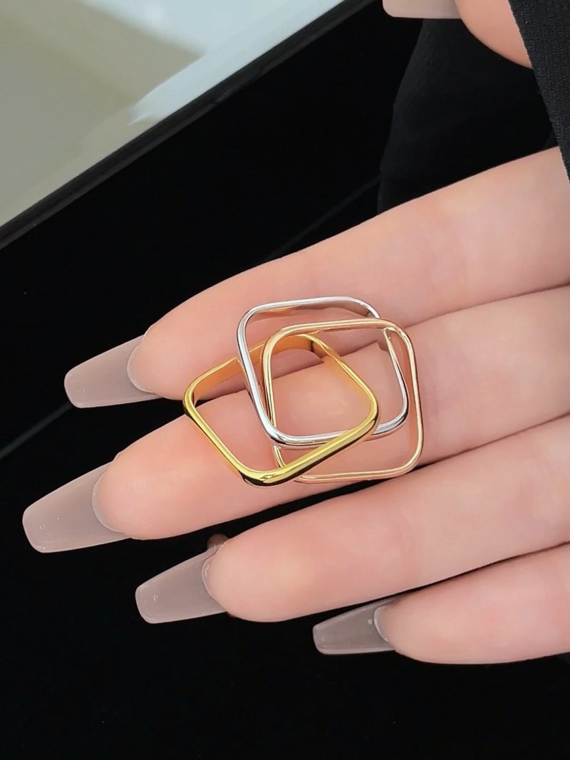 Square Geometric Stainless Steel Ring Set - Gold & Silver