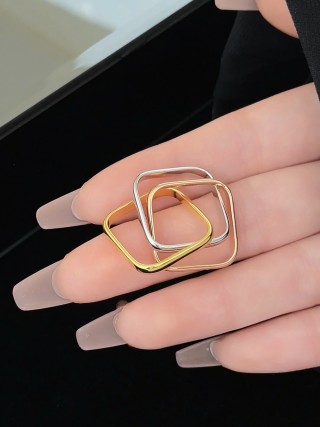 Square Geometric Stainless Steel Ring Set - Gold & Silver