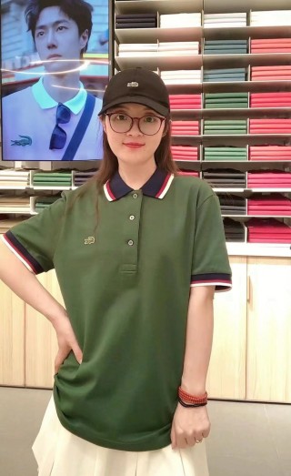Lacoste Women's Olive Green Polo Shirt with Striped Trim