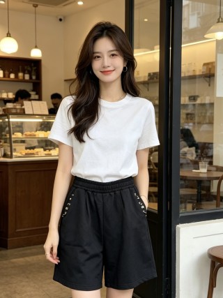 Black Eyelet Detail Shorts with Elastic Waistband view 4