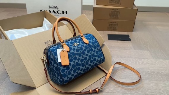 Coach Monogram Denim Blue Speedy Handbag with Tan Leather