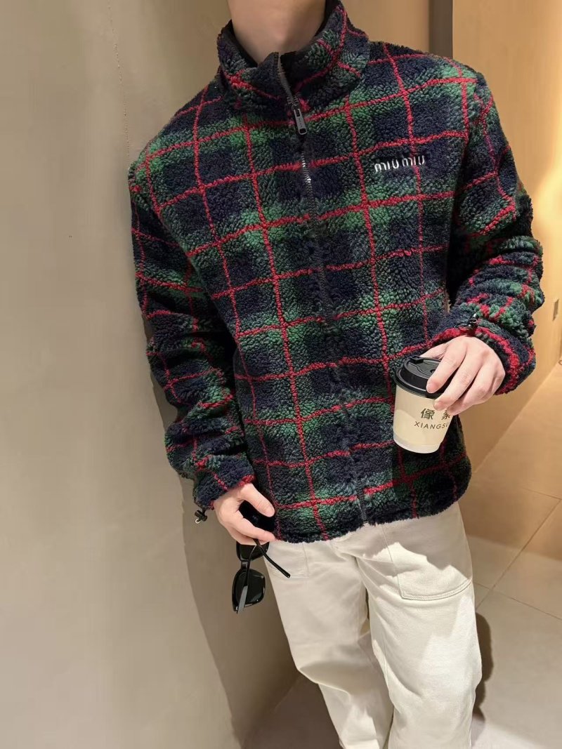 Miu Miu Checked Wool Fleece Jacket Navy Red Green
