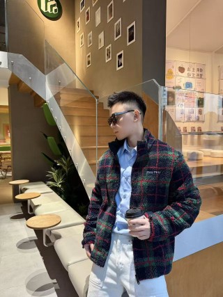 Miu Miu Checked Wool Fleece Jacket Navy Red Green view 2