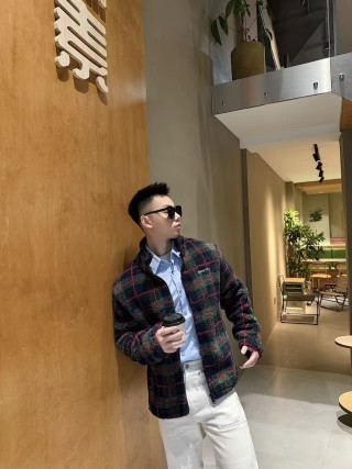 Miu Miu Checked Wool Fleece Jacket Navy Red Green view 3