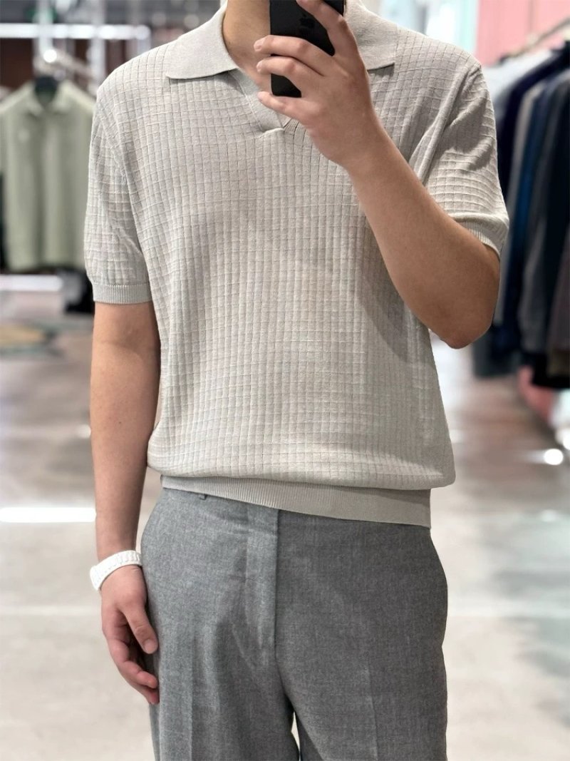 Cream Ribbed Knit Polo Short Sleeve T-Shirt