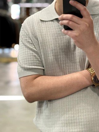 Cream Ribbed Knit Polo Short Sleeve T-Shirt view 2