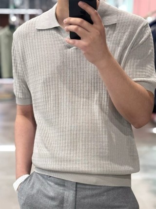 Cream Ribbed Knit Polo Short Sleeve T-Shirt view 3