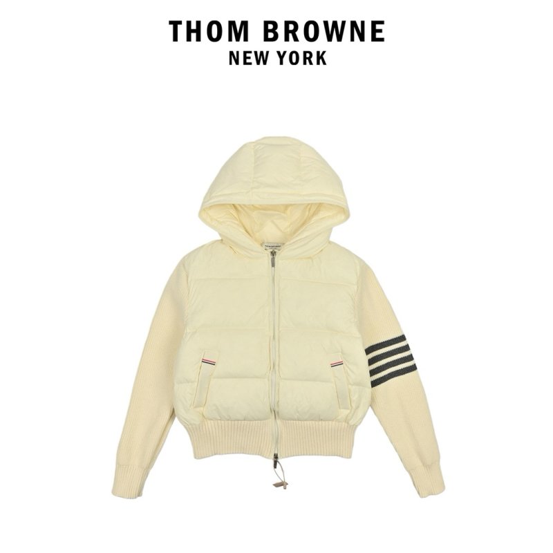 Cream Puffer Down Jacket with Striped Sleeves view