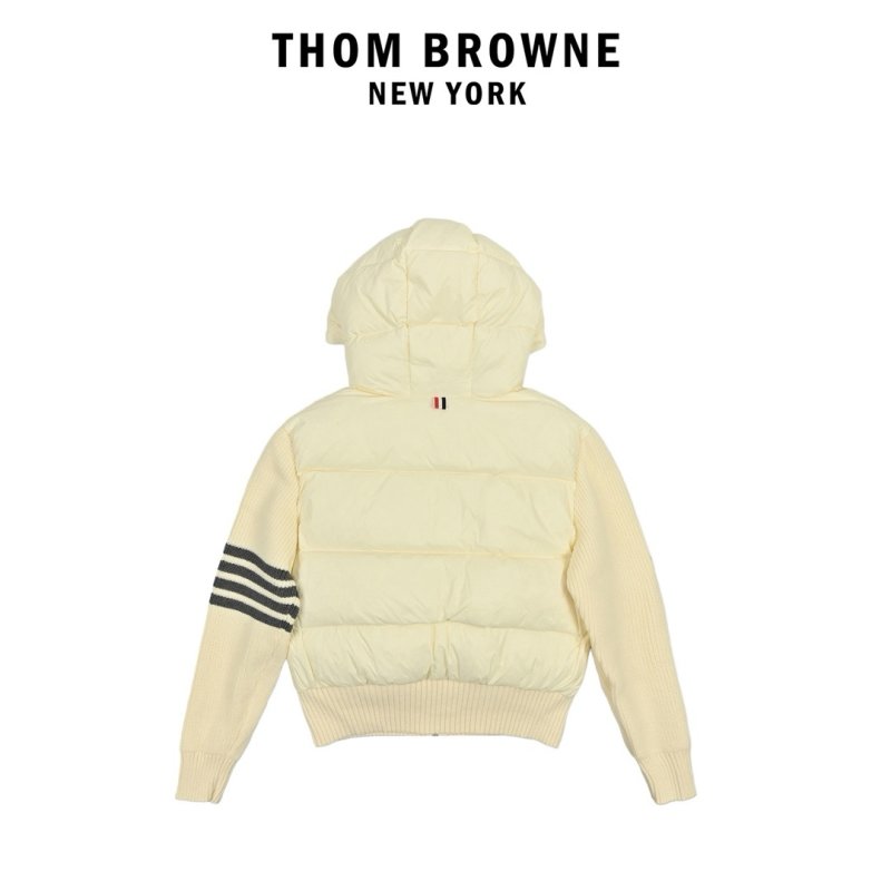 Cream Puffer Down Jacket with Striped Sleeves view