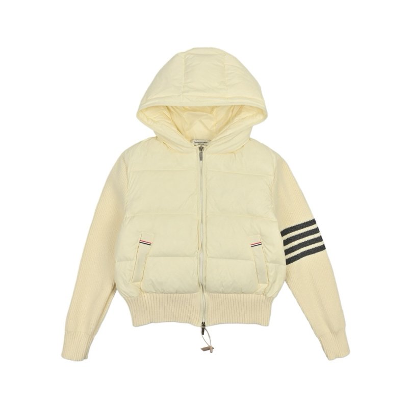 Cream Puffer Down Jacket with Striped Sleeves view