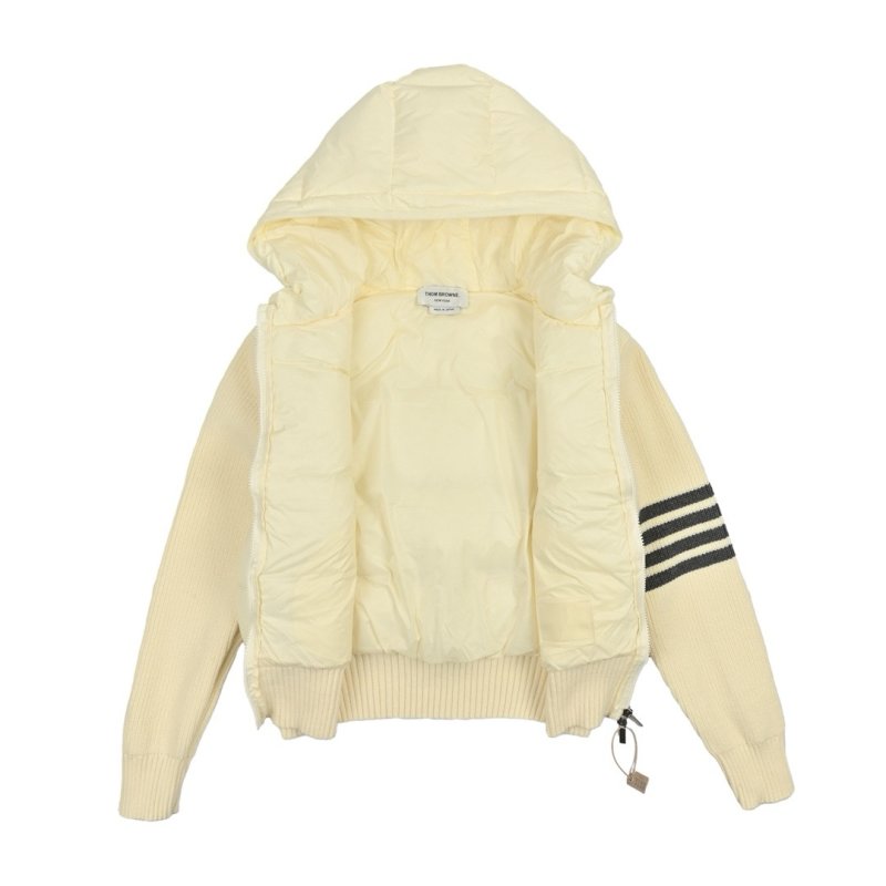 Cream Puffer Down Jacket with Striped Sleeves view