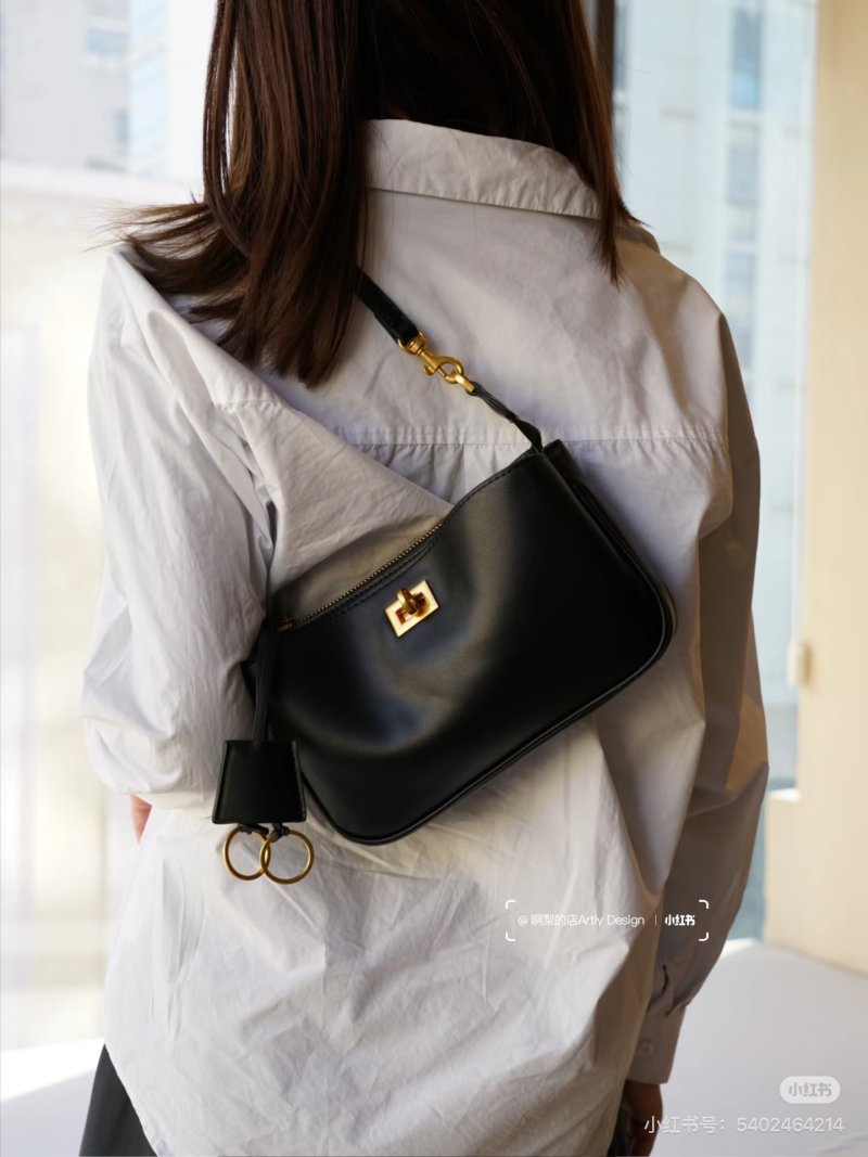 Black Leather Shoulder Bag with Gold Hardware