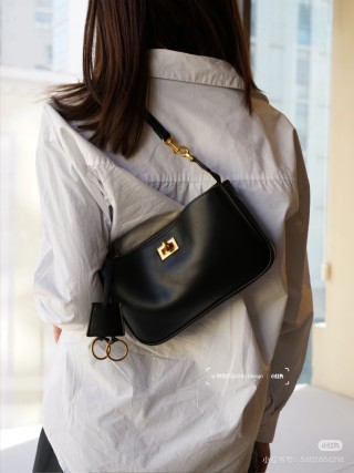 Black Leather Shoulder Bag with Gold Hardware