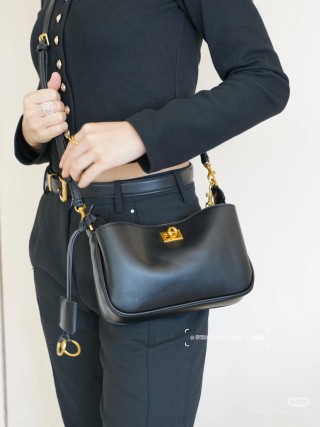 Black Leather Shoulder Bag with Gold Hardware view 2
