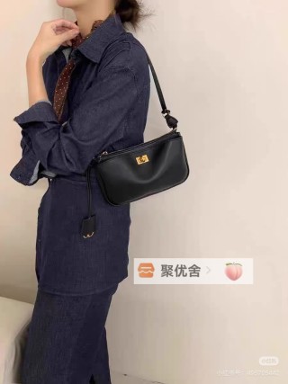 Black Leather Shoulder Bag with Gold Hardware view 3