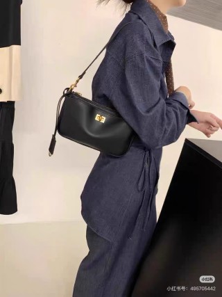 Black Leather Shoulder Bag with Gold Hardware view 4