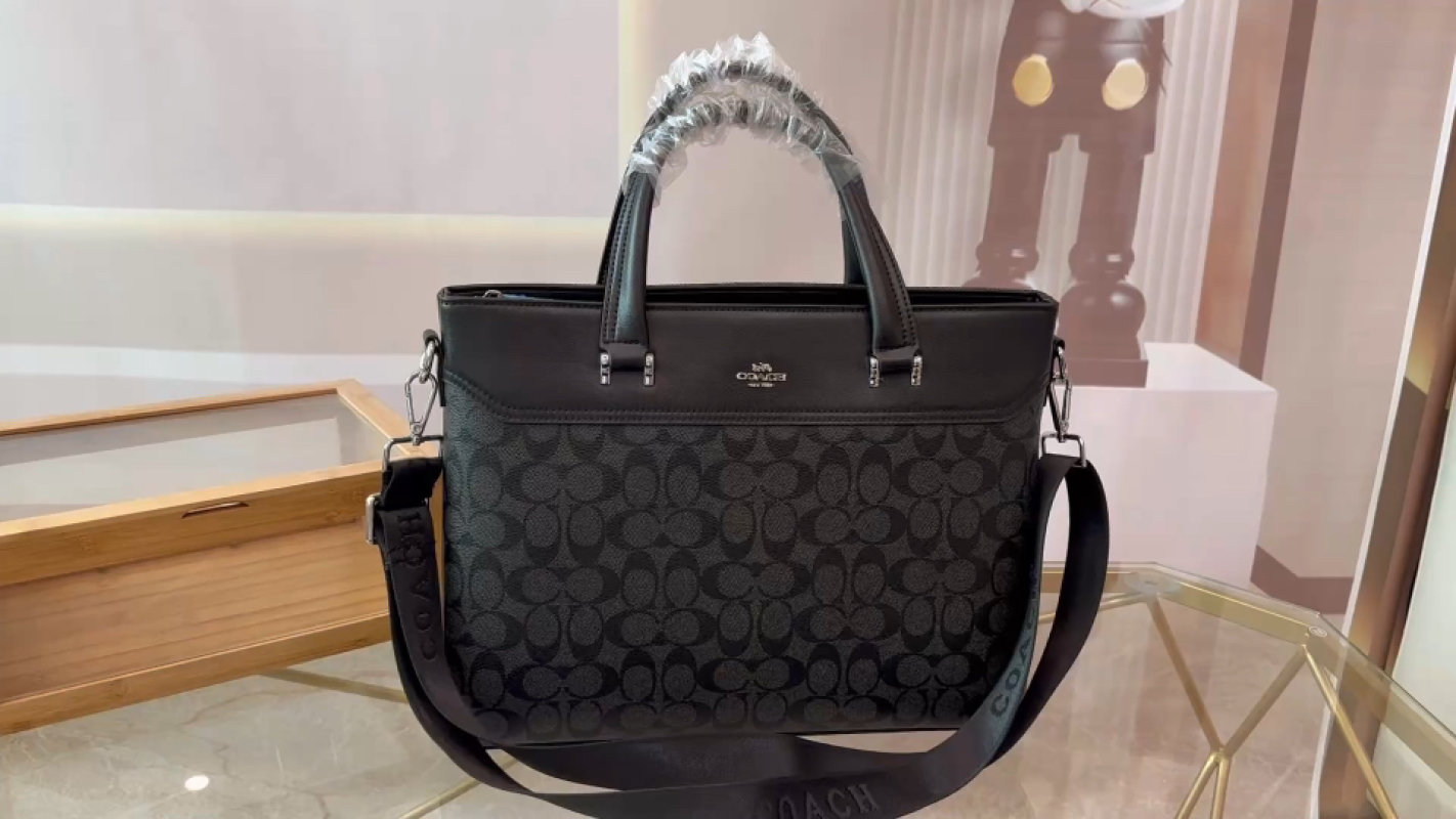 Coach Black Signature Monogram Tote Bag with Leather Trim