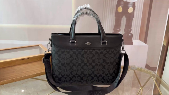 Coach Black Signature Monogram Tote Bag with Leather Trim