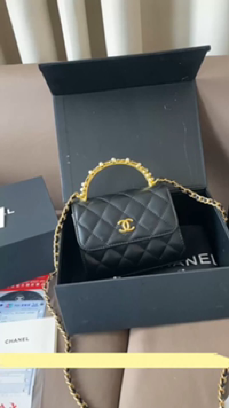 Chanel Quilted Black Leather Top Handle Bag with Gold Chain