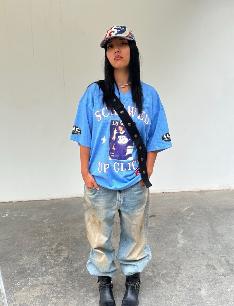 Blue Graphic Oversized T-Shirt with Logo Print