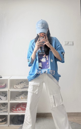 Blue Graphic Oversized T-Shirt with Logo Print view 2