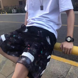 Essentials Black Galaxy Print Shorts with White Stripe view 4