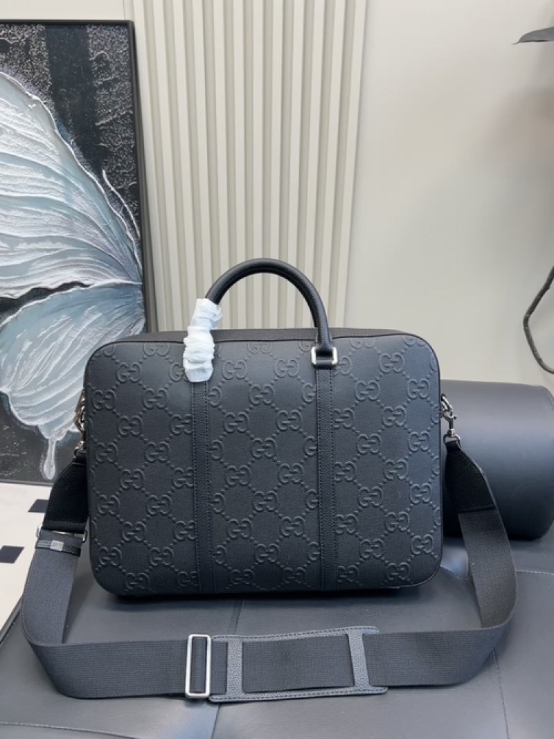 Gucci GG Embossed Black Leather Briefcase Bag