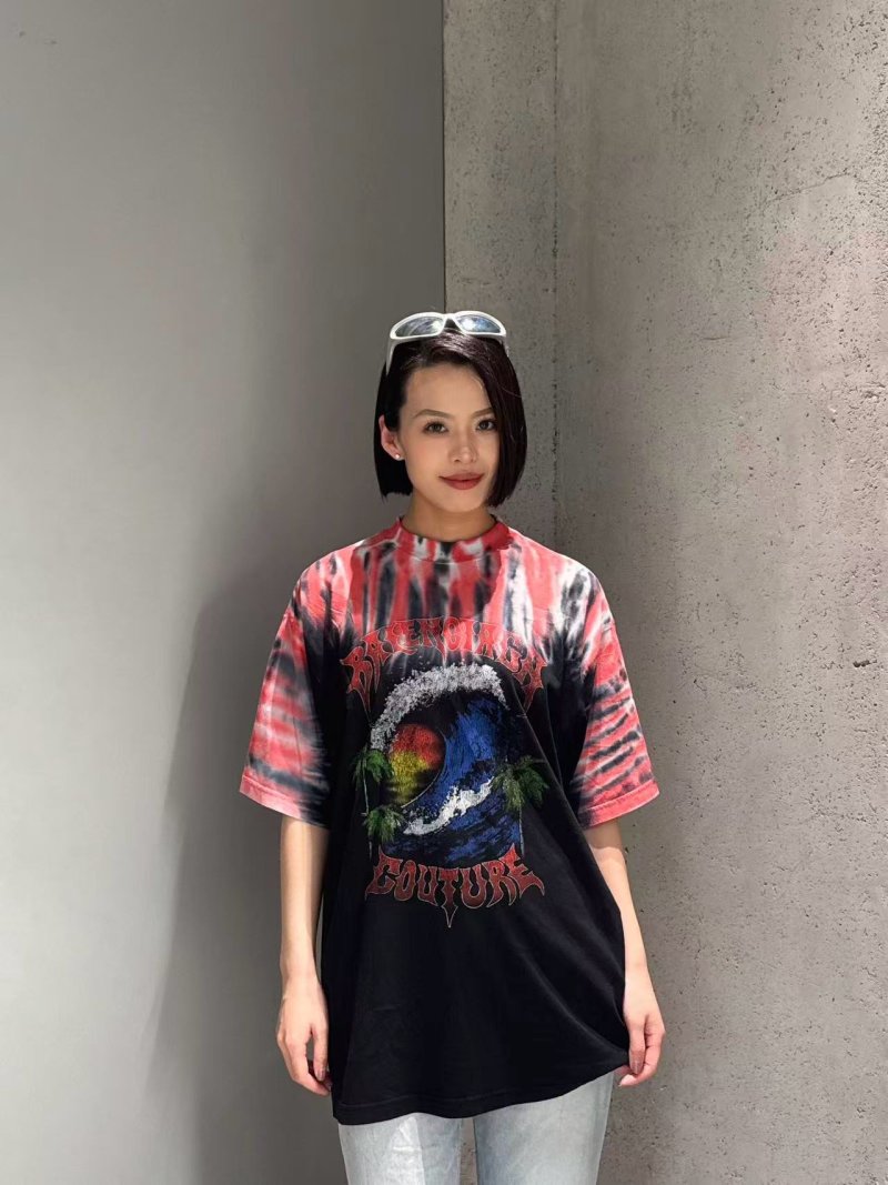 Vintage Graphic Print Black T-Shirt with Red Tie-Dye Sleeves view