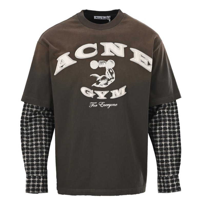 Brown Graphic Print Long Sleeve T-Shirt with Plaid Sleeve Detail view