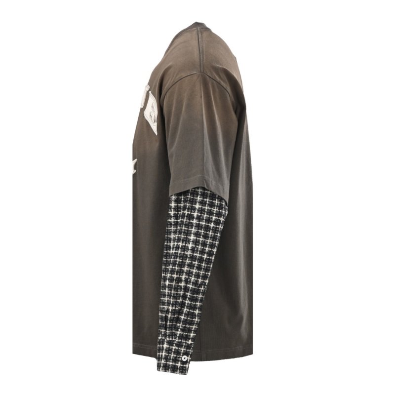 Brown Graphic Print Long Sleeve T-Shirt with Plaid Sleeve Detail view