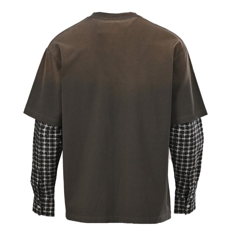 Brown Graphic Print Long Sleeve T-Shirt with Plaid Sleeve Detail view