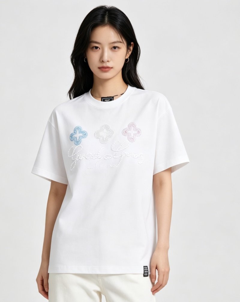 Cream Embellished Graphic T-Shirt with Floral Rhinestone Design view