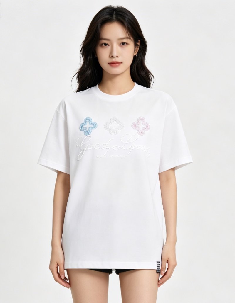 Cream Embellished Graphic T-Shirt with Floral Rhinestone Design view