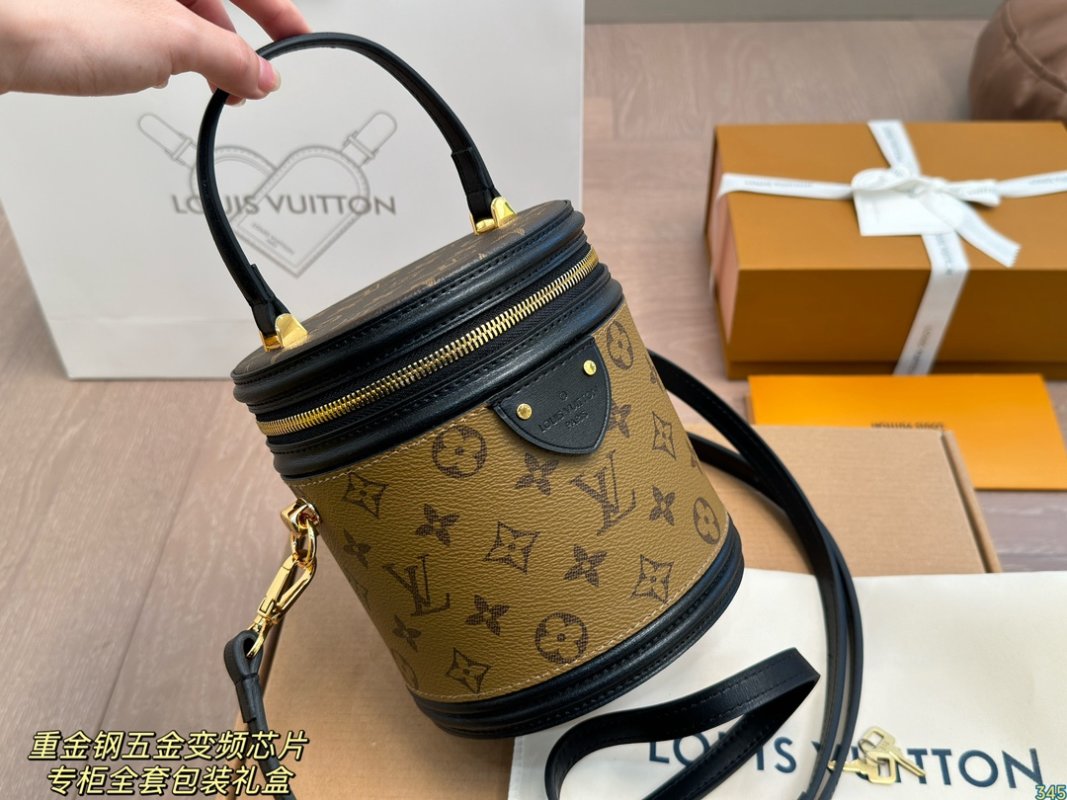 Louis Vuitton Monogram Canvas Cylinder Bucket Bag Black & Tan