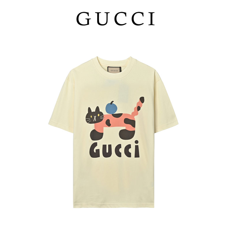 Gucci Playful Cat & Fruit Print Cream T-Shirt view