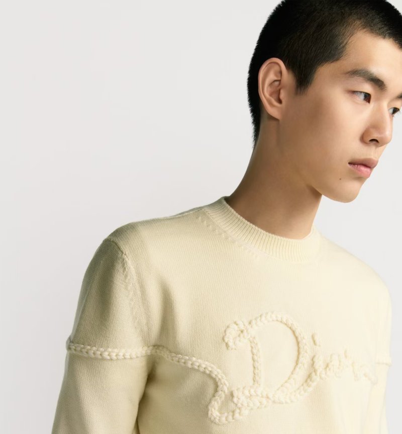 Cream Ribbed Knit Sweater with Embossed Logo