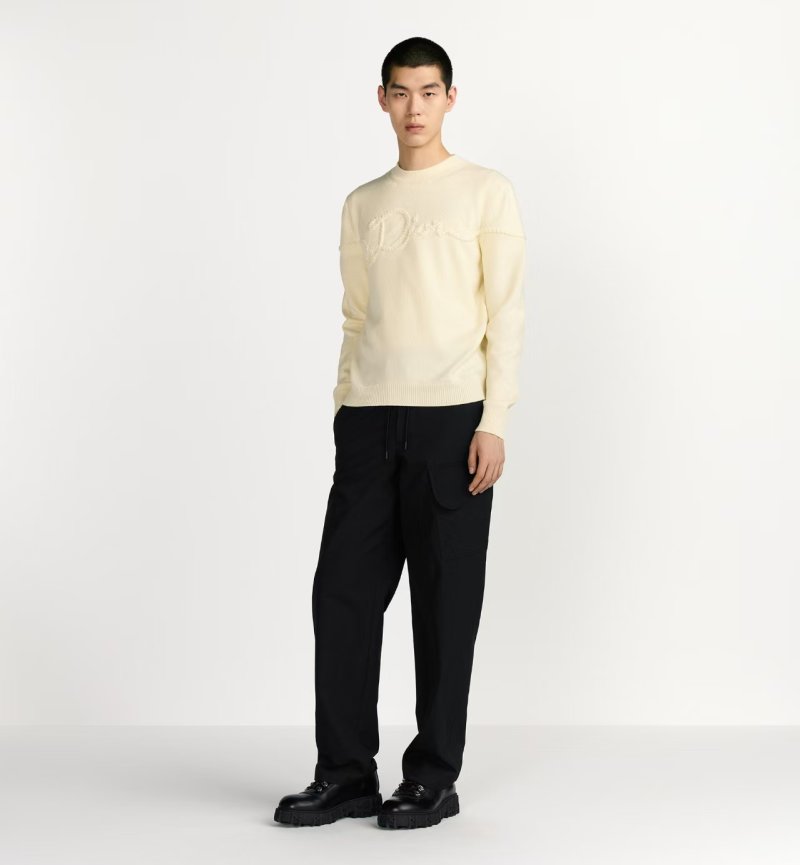 Cream Ribbed Knit Sweater with Embossed Logo view