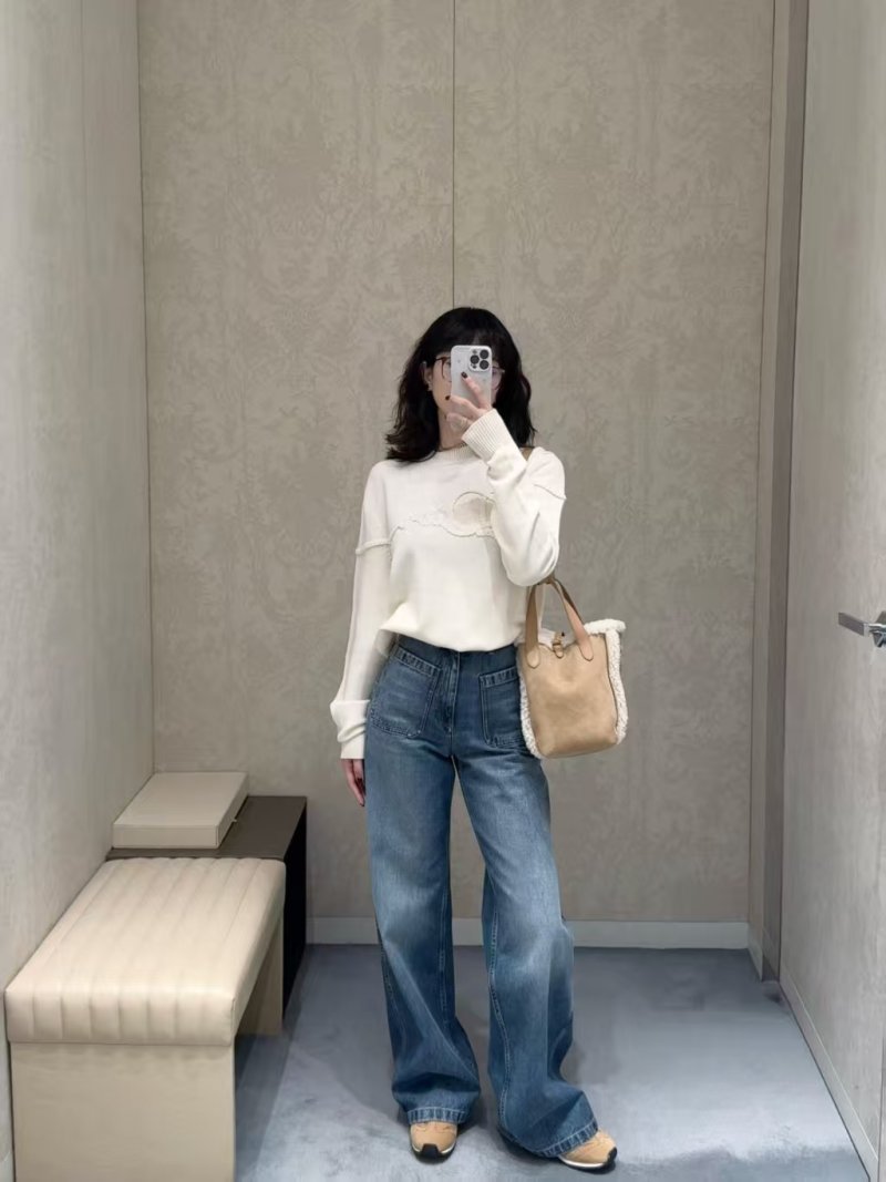 Cream Ribbed Knit Sweater with Embossed Logo view