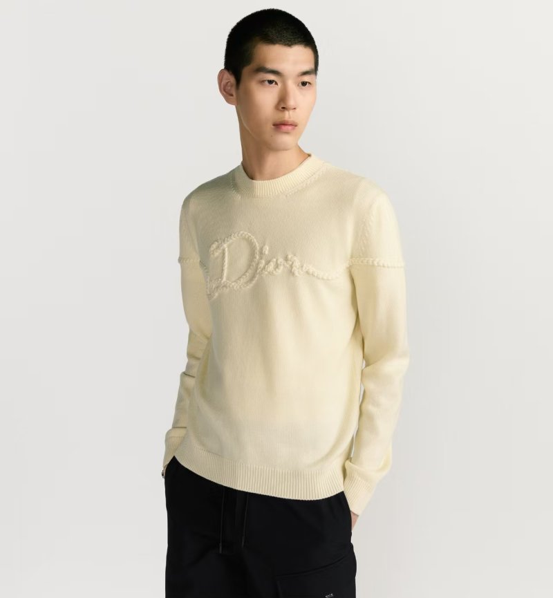 Cream Ribbed Knit Sweater with Embossed Logo view