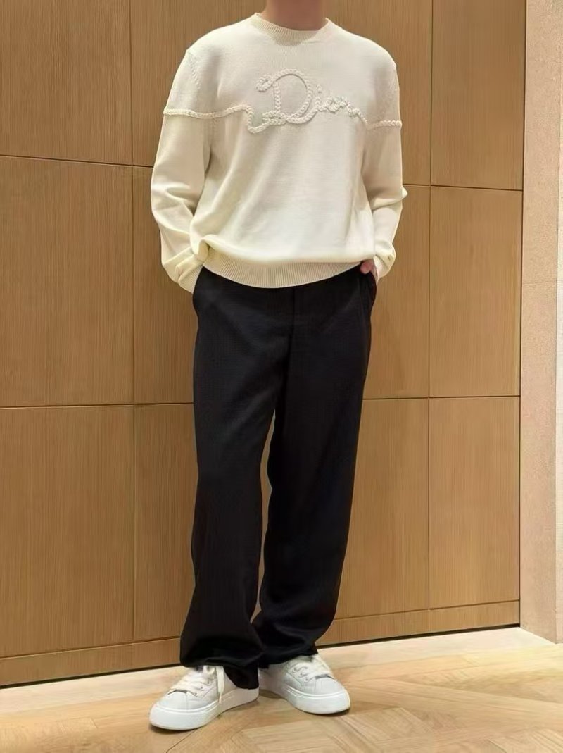 Cream Ribbed Knit Sweater with Embossed Logo view