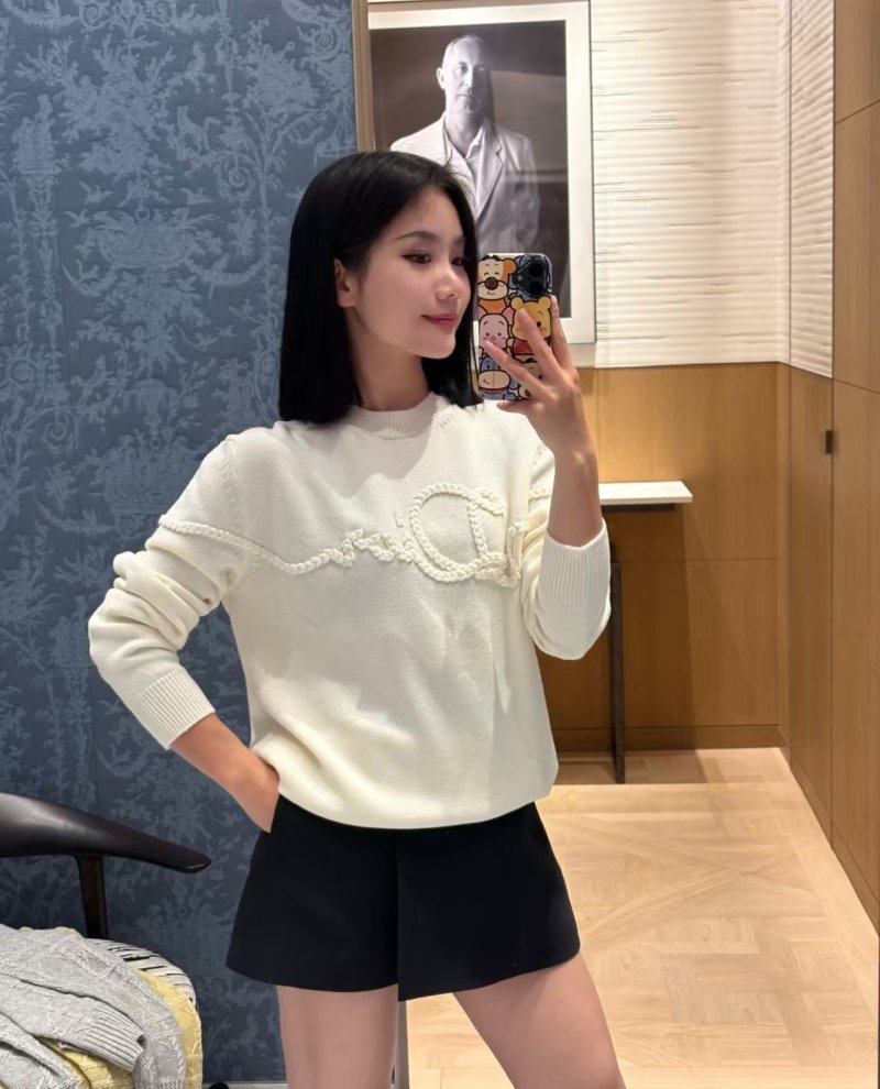 Cream Ribbed Knit Sweater with Embossed Logo view