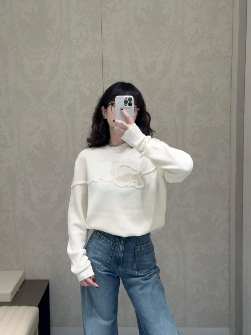 Cream Ribbed Knit Sweater with Embossed Logo view