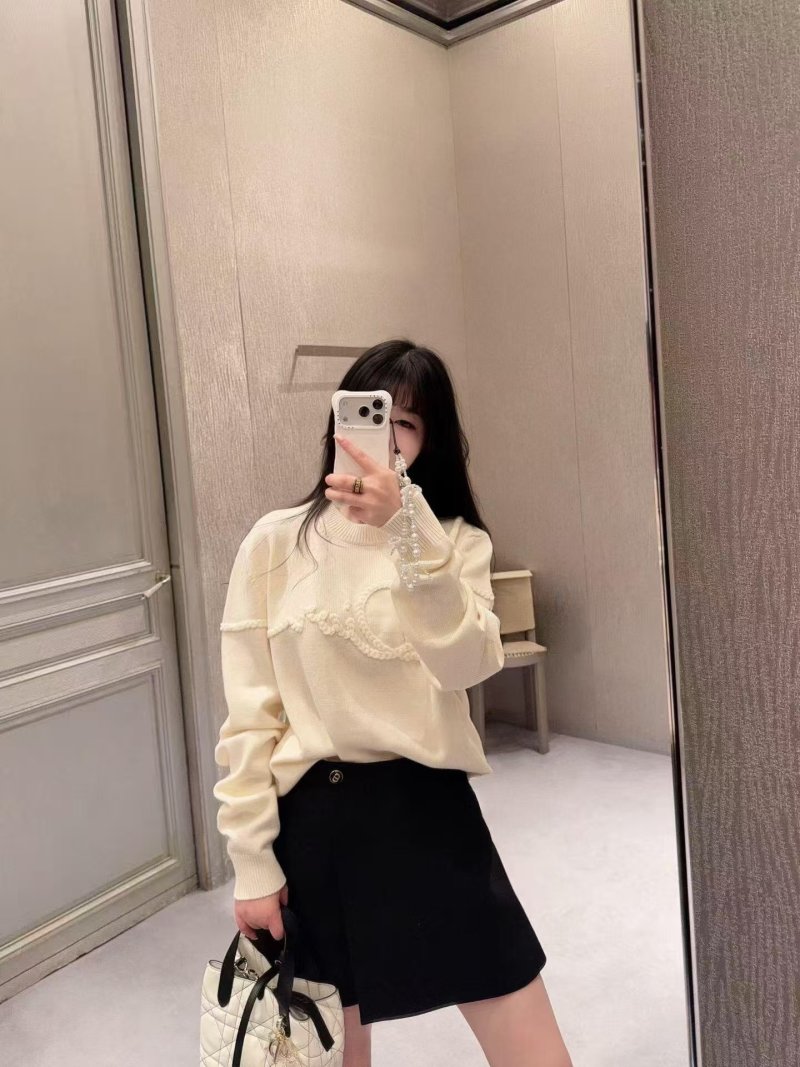 Cream Ribbed Knit Sweater with Embossed Logo view