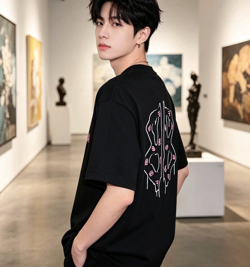 Black Oversized Graphic T-Shirt with Abstract Line Art Print view