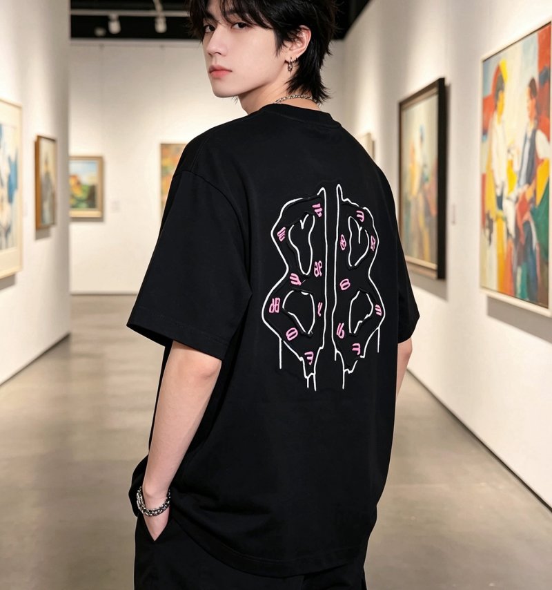 Black Oversized Graphic T-Shirt with Abstract Line Art Print view