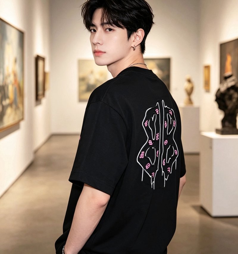 Black Oversized Graphic T-Shirt with Abstract Line Art Print view