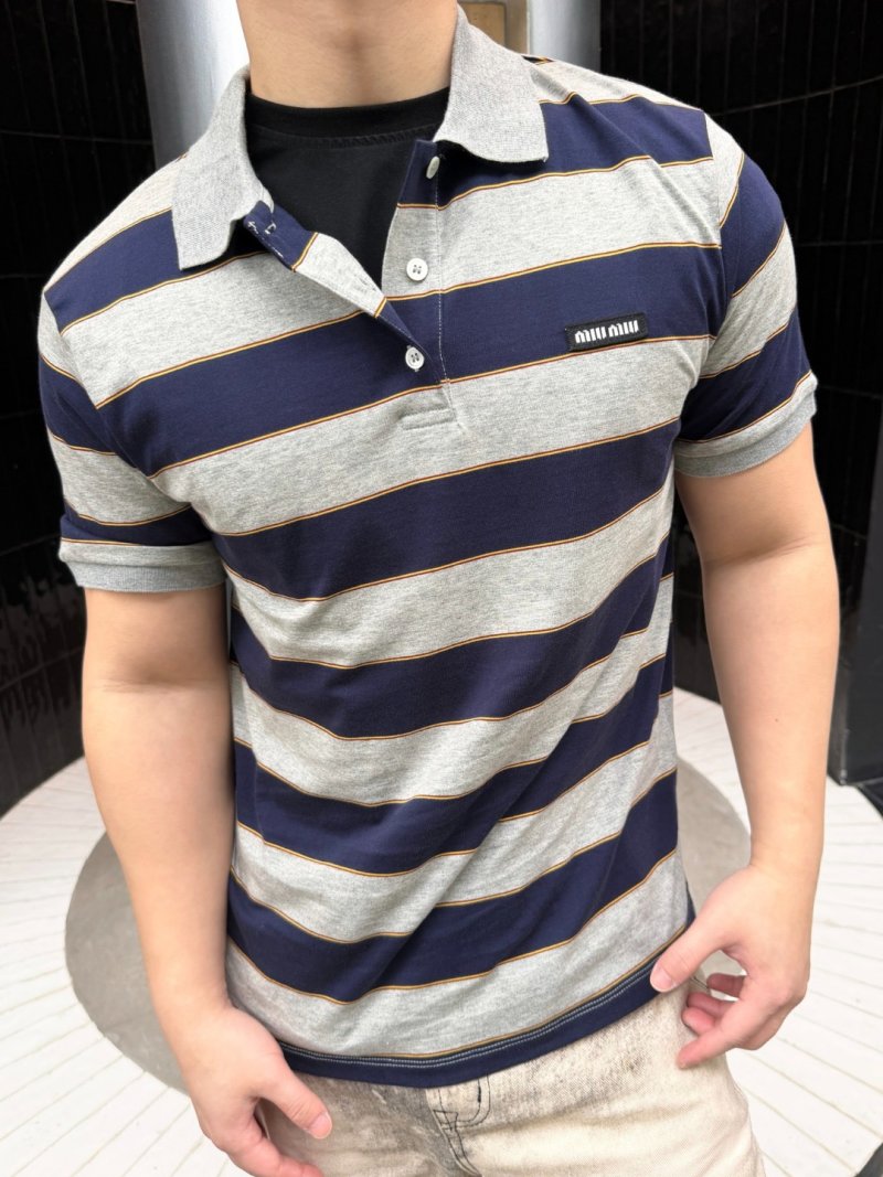 Miu Miu Navy & Grey Striped Polo Shirt