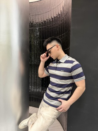 Miu Miu Navy & Grey Striped Polo Shirt view 6
