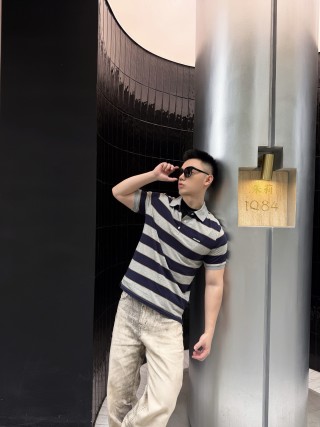 Miu Miu Navy & Grey Striped Polo Shirt view 7