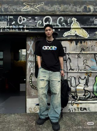 Black Graphic Print Short Sleeve T-Shirt with Colorful Logo